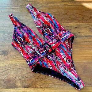 MatteSwim Deep V Plunge Belted Colorful 1pc Swimsuit